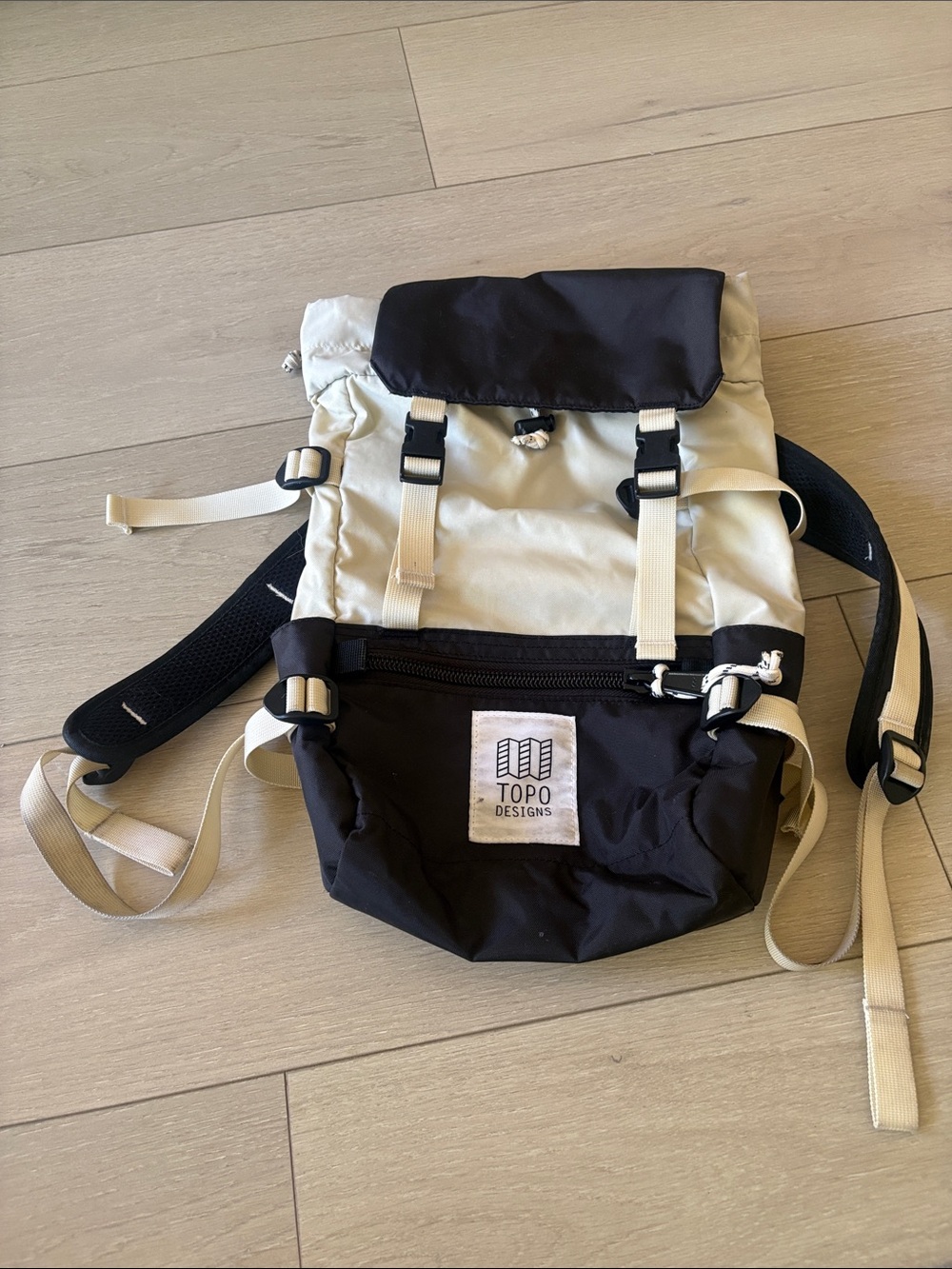 Topo Designs Black and Cream Compact Roll-Top Backpack